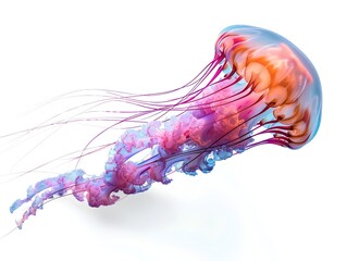 Wall Mural - Colorful Jellyfish Drifting Gracefully in Ethereal Underwater Scene Isolated on White Background