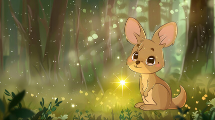 Wall Mural - a rabbit with a brown and black nose and black eye sits in the woods, surrounded by a white flower