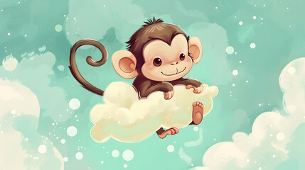 Canvas Print - a monkey with black and brown hair and a black eye sits on a cloud, with a brown ear visible in the foreground