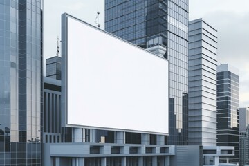 Wall Mural - Large blank billboard is showing a cloudy sky, on the facade of a modern building, surrounded by skyscrapers