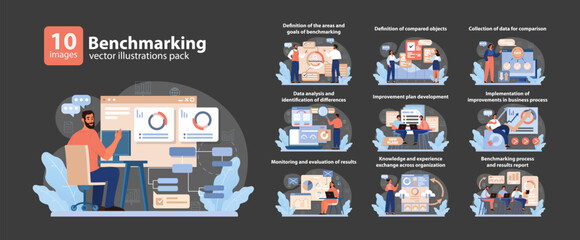 Poster - Benchmarking Concept. Comprehensive stages of benchmarking depicted in vibrant vector illustrations.