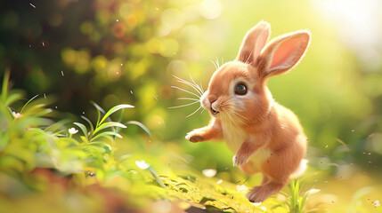 a small rabbit with a pink nose and black eye runs through a lush green field, with a white flower in the background