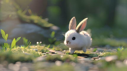 a small white rabbit with a black eye and long white whisker sits in the grass, its white leg visible in the foreground