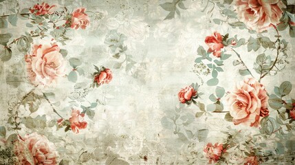 Poster - A nostalgic and elegant vintage floral wallpaper pattern with delicate pink roses on a distressed background. Generative AI