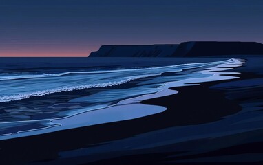 black sand beach pixel art flat design front view dark coastline cartoon drawing Triadic Color Scheme,