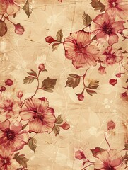 Poster - A vintage floral wallpaper pattern featuring delicate pink blossoms on a textured, aged background. Generative AI