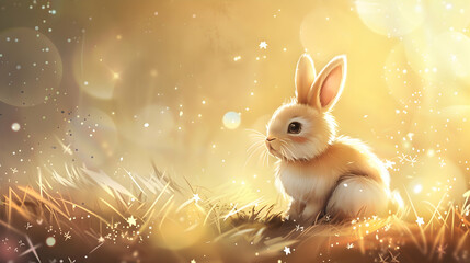 Wall Mural - a white rabbit with a black eye sits in the grass