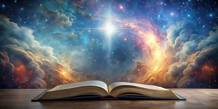 Open Bible against cosmic sky background, spirituality, religion, faith, universe, celestial, stars, galaxy, divine