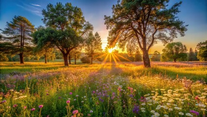 Sunrise light filtering through trees onto wildflowers on a meadow, sunrise, trees, hill, warm glow, sunlight, wildflowers