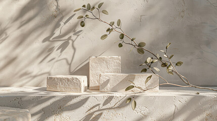 Wall Mural - stone blocks and a branch with leaves, positioned on a textured, neutral-toned surface