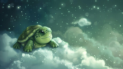 Wall Mural - a green turtle with a black eye and a green arm sitting on a cloud