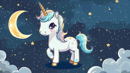 a cute cartoon unicorn with a blue tail and black eye stands on a cloud - filled night sky, surrounded by white and yellow stars