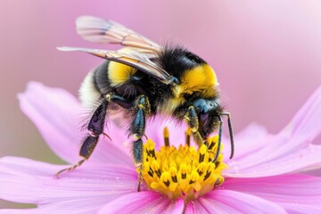 Wall Mural - Bumblebee gathering pollen on pink flower close up