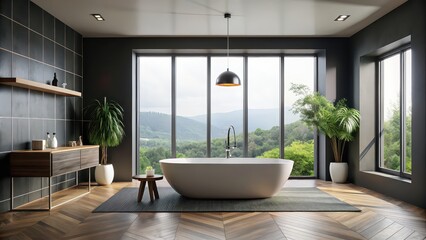 Wall Mural - Modern minimalist bathroom with dark gray walls, large windows and an elegant freestanding bathtub, modern