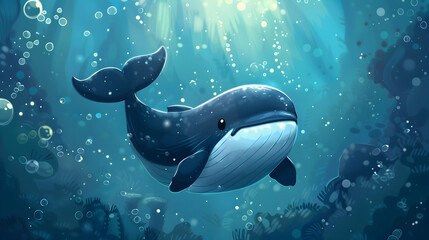 Wall Mural - a blue whale swims in the ocean, surrounded by a variety of fish including a small white fish, a white and blue fish, and a blue fish