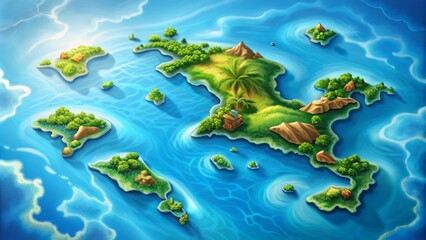 Vibrant colorful illustration of Hawaii map with lush green islands surrounded by blue ocean and subtle wave patterns.