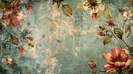 Poster - A vintage floral wallpaper background with delicate blooms in shades of pink and white. Perfect for creating a nostalgic and elegant ambiance. Generative AI