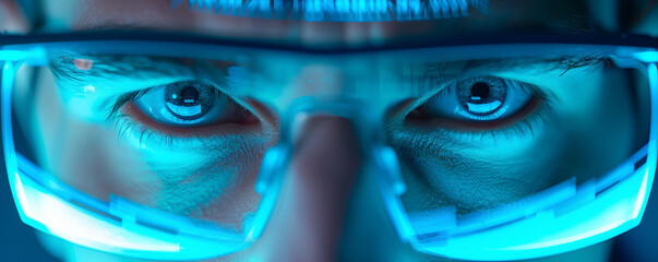 Close-up of eyes wearing futuristic glasses reflecting blue light, representing technology and innovation in a digital age.