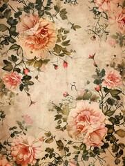 Canvas Print - A vintage floral wallpaper with pink roses and green leaves on a light brown background, reminiscent of old wallpaper. Generative AI