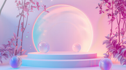 a minimalistic abstract setting, including a pastel gradient arch transitioning through pink, purple, and blue