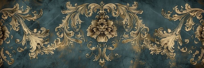 Leinwandbilder - A vintage wallpaper pattern with ornate gold floral designs on a blue background. Generative AI