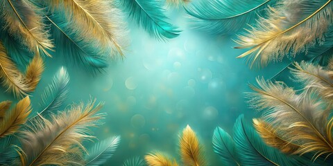 Canvas Print - Feathers background in teal and gold, feathers, background, teal, gold, elegant, luxurious, soft, texture, exotic