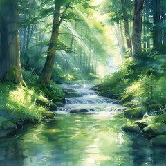 Poster - Sunbeams through Forest Trees and Stream.