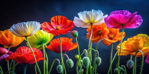 Sticker - Vibrant poppy flowers in various colors standing out against a dark background, poppy, flowers, vibrant, colorful, bright, petal