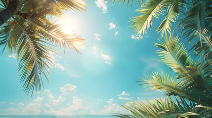 Sunny sky with palm trees and vibrant blue background capturing the essence of a tropical paradise