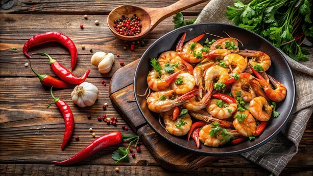 Wok-fried prawns with garlic and chili on rustic wooden table, prawns, stir-fried, Asian cuisine, seafood, spicy, delicious