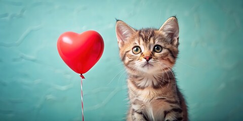 Poster - Cute kitten holding a heart-shaped balloon for Valentine's Day , kitten, Valentine, heart, love, adorable, sweet, pet