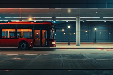 Wall Mural - Red bus waiting at modern bus stop at night time