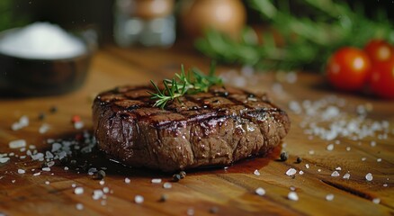 Wall Mural - Perfectly Grilled Steak With Rosemary and Salt on Wooden Cutting Board