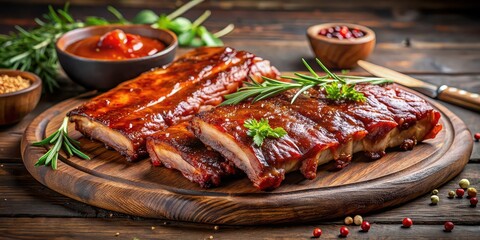 Poster - Delicious smoked pork spareribs glazed in BBQ sauce, American, style, ribs, pork, spareribs, smoked, glazed, BBQ sauce, top view