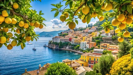 Poster - Lemon trees framing a picturesque Mediterranean coastal village, lemon trees, Mediterranean, coastal, village, scenic