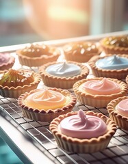 Wall Mural - Variety of sweet tasty tarts displayed in a case for sale; bakery shop