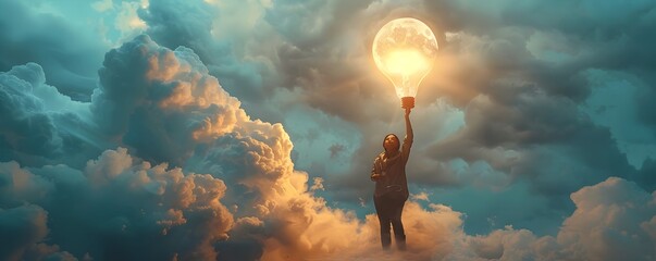 Poster - Man Reaching for Glowing Idea Amidst Dramatic Sky Conceptual of Innovation and Creativity