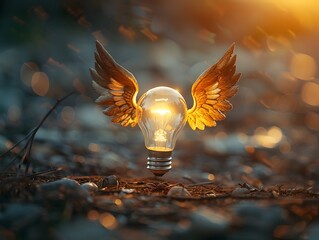 Poster - Lightbulb with Wings Soaring Above Landscape of Creativity and Invention Idea Concept