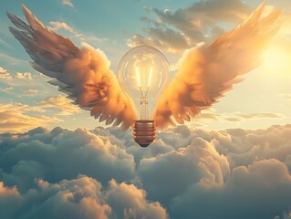 Poster - Winged Lightbulb Soaring Over Landscape of Creativity and Invention