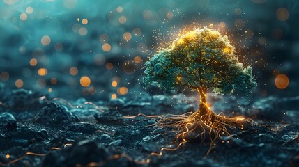 Poster - flourishing idea tree with expansive roots and radiant connections