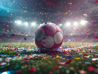 Vibrant Soccer Ball Amid Celebratory Confetti in Illuminated Stadium