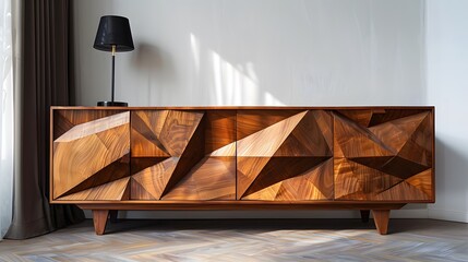 A walnut sideboard with geometric shapes and symmetrical design elements, showcasing mid-century modern style in an empty room.