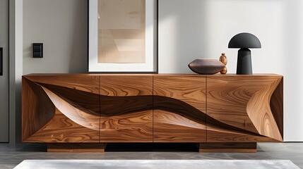A walnut sideboard with geometric shapes and symmetrical design elements, showcasing mid-century modern style in an empty room.