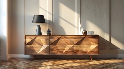 Poster - A walnut sideboard with geometric shapes and symmetrical design elements, showcasing mid-century modern style in an empty room.