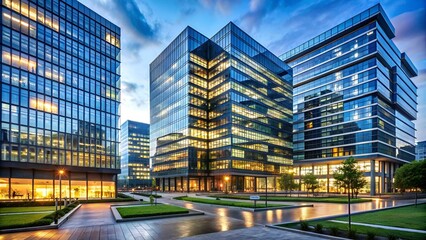 modern complex of office buildings in the evening