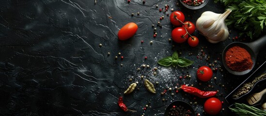 Sticker - Cooking background with a black stone surface, featuring a variety of spices and vegetables, photographed from above with an empty space for text.