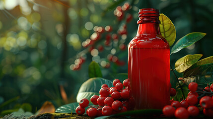 Natural Guarana Extract Product in Red Bottle Among Tropical Forest Foliage