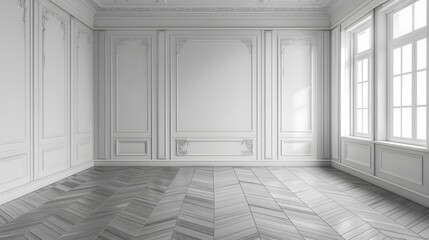Poster - white wall with white moulding, white panelled walls, empty room, white walls, wood floor.