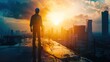 © KanitChurem - Silhouette of a construction worker standing on a rooftop, looking out at the city skyline as the sun sets.