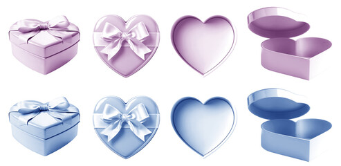 Wall Mural - 2 Set of pastel light blue purple gift present heart love shape box with bow ribbon on transparent cutout PNG. Mockup template for design. perspective open close side flat lay view different angle